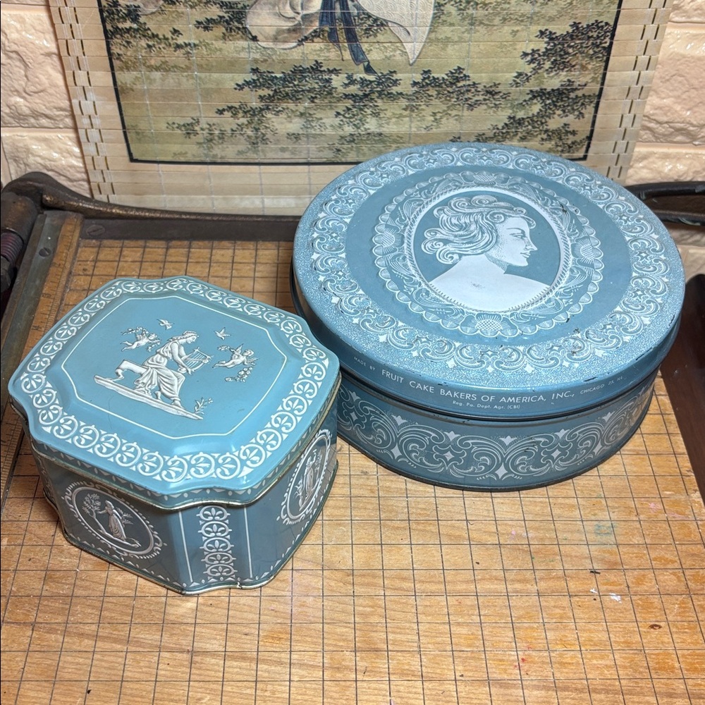 2 Vintage Metal Tin Boxes Soft Blue White Cameo Jasperware Style